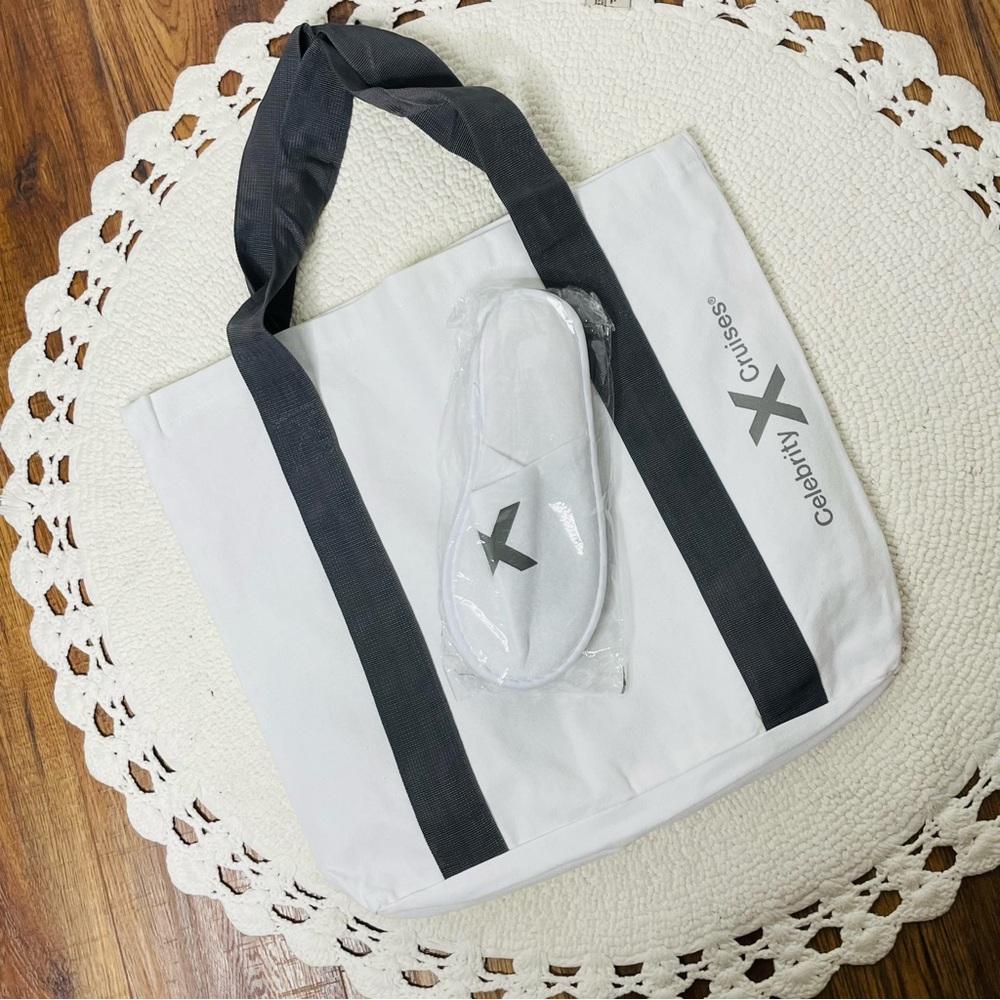 Celebrity Cruises White Canvas Logo Tote Bag with Gray Trim and slippers NEW